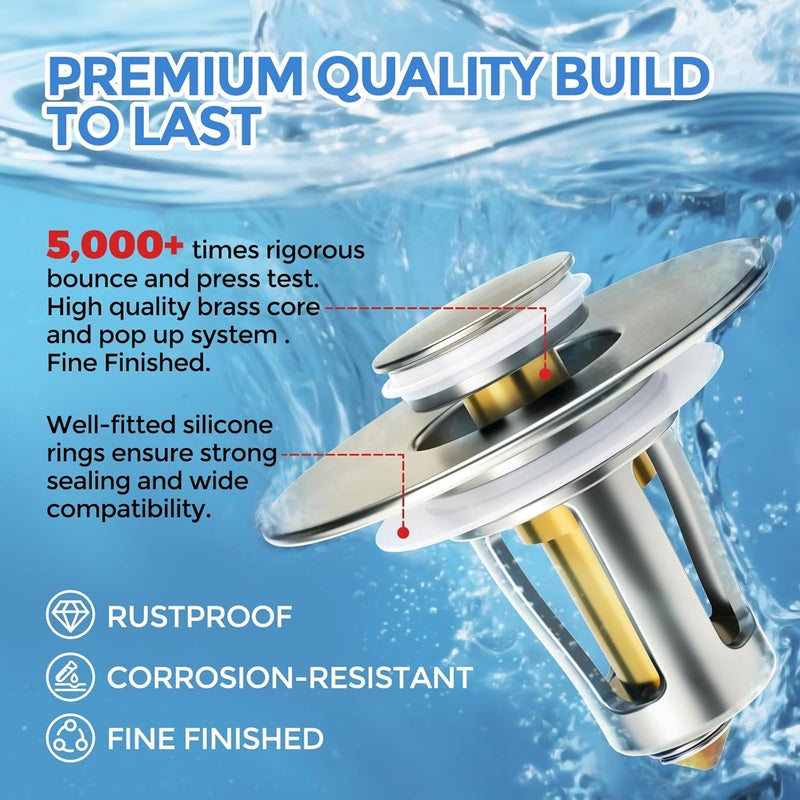 zaa Bathroom Sink Stopper - 2Pack Bathroom Sink Drain Strainer,Pop Up Bathroom Drain Stopper with Anti-Clogging Filter Basket,for 1.05~1.65 in U.S.Standard Basin Drain Holes,Brushed Nickel - Image 4